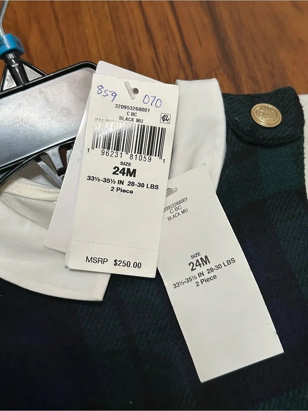 Ralph Lauren Wool Green and Navy Plaid Infant Romper with White Collared Shirt